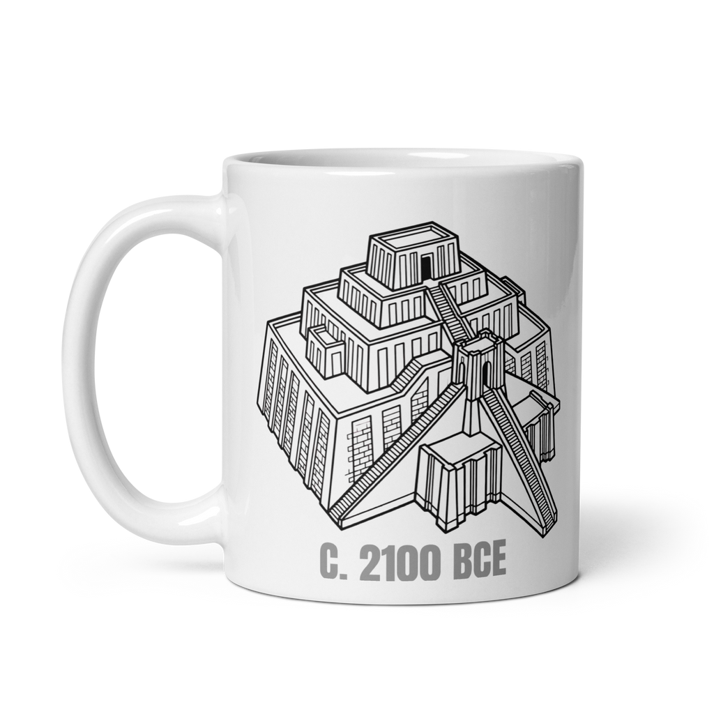 White glossy ceramic mug with line-art illustration of the Ziggurat of Ur