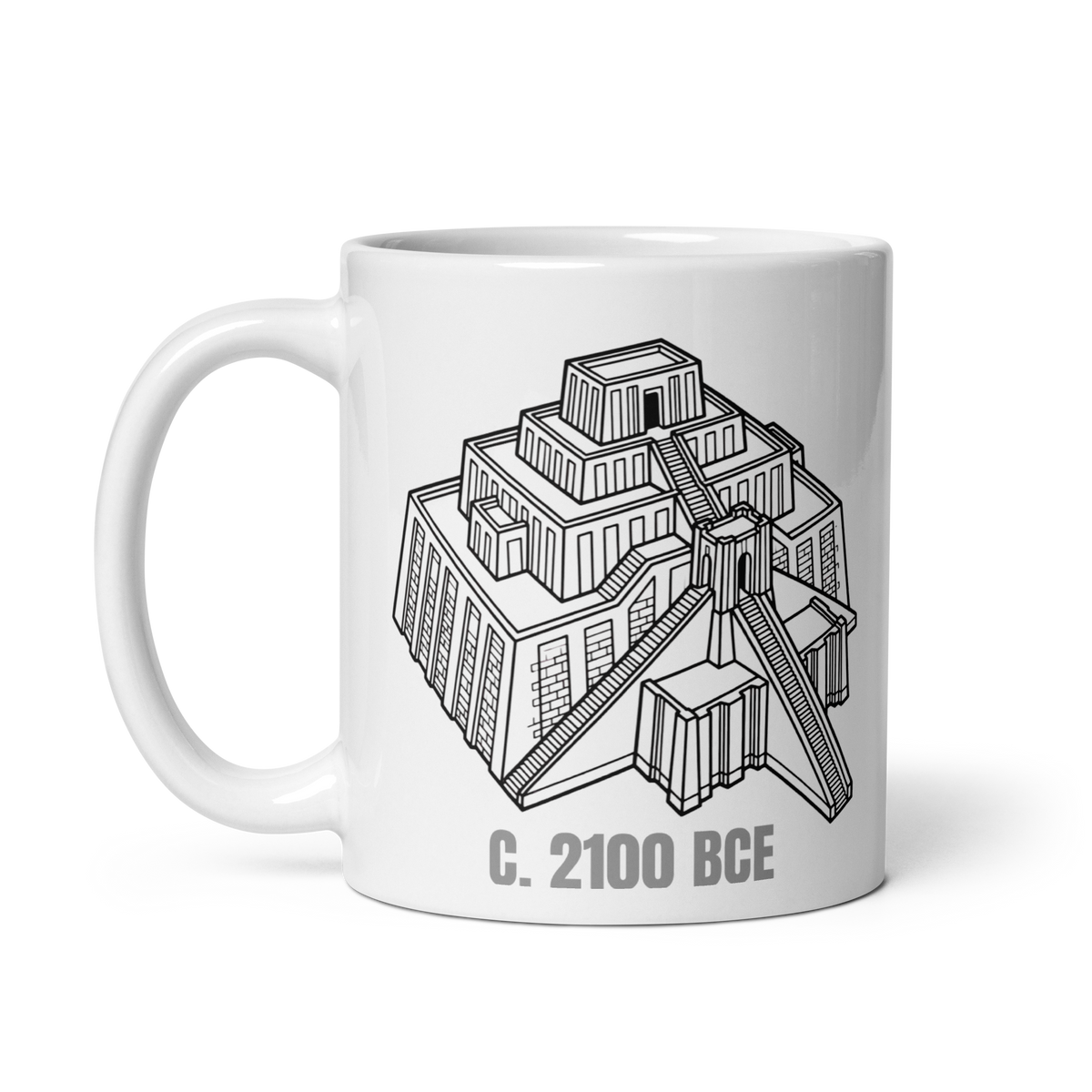 White glossy ceramic mug with line-art illustration of the Ziggurat of Ur