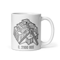 White glossy ceramic mug with line-art illustration of the Ziggurat of Ur