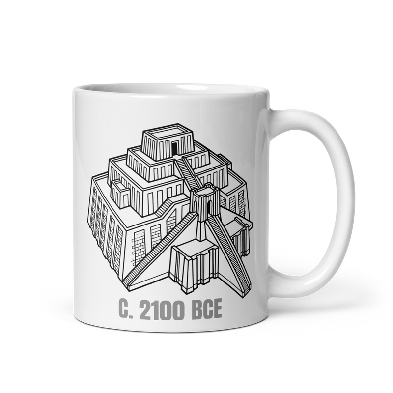 White glossy ceramic mug with line-art illustration of the Ziggurat of Ur